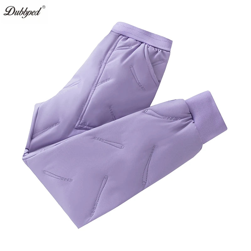 Light purple kids waterproof winter pants with fleece lining