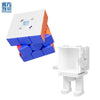 A MoYu RS3M V5 3x3 magnetic speed cube is shown next to its white stand.