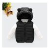 A black quilted hooded vest worn by a teddy bear.