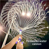 A hand is firing a fireworks water cannon, creating a shower of white water sparks against a dark background.