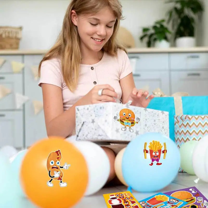 A young girl is looking at a DIY pizza sticker craft kit for kids with various colorful stickers and materials.