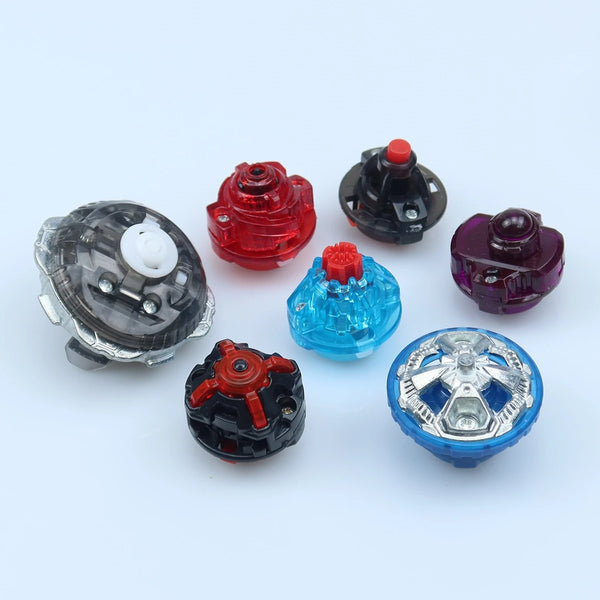 A collection of various colored gyro drivers for spinning tops, including red, black, purple, and blue.