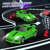 A bright green die-cast model car is shown in a simulation track with LED lighton effects.