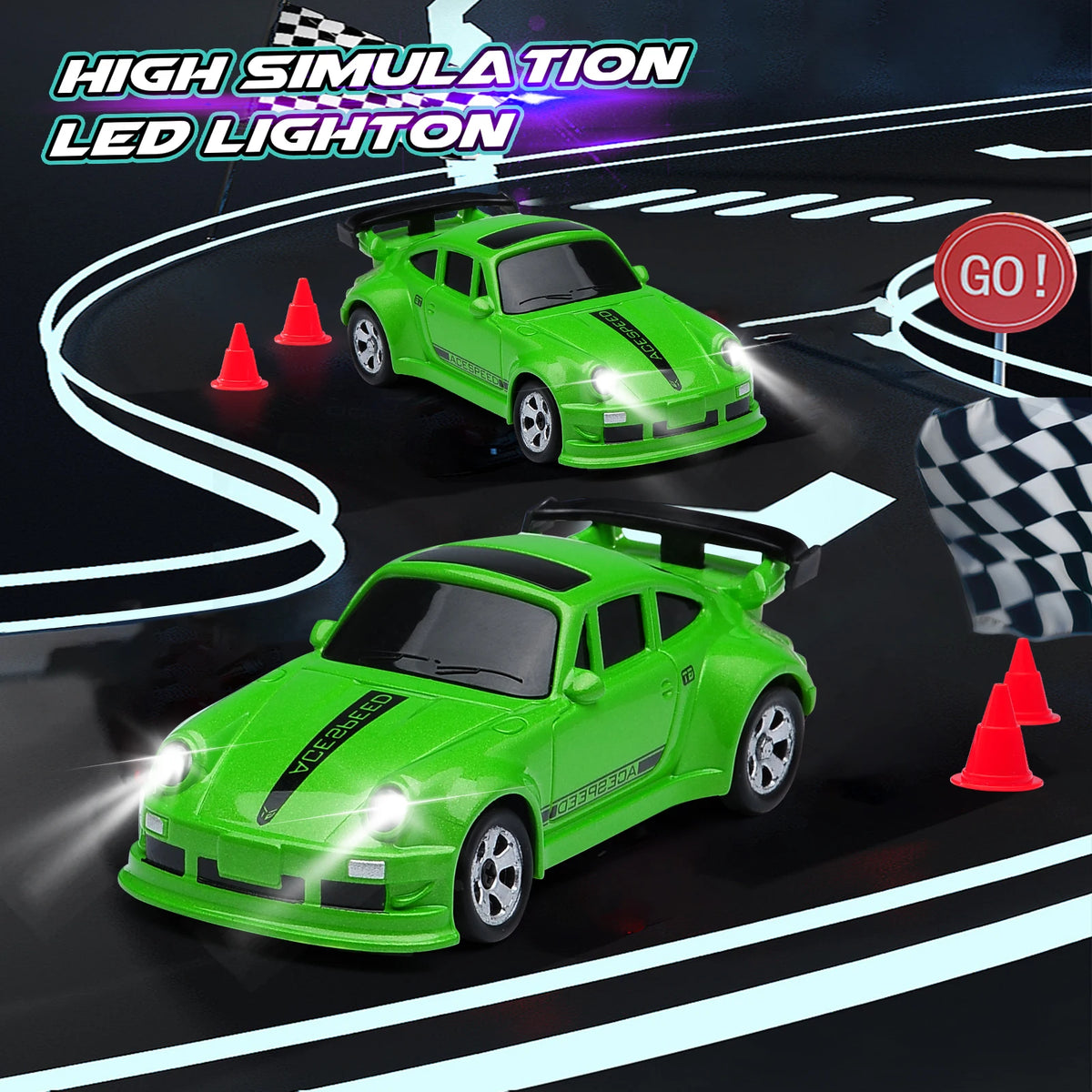A bright green die-cast model car is shown in a simulation track with LED lighton effects.