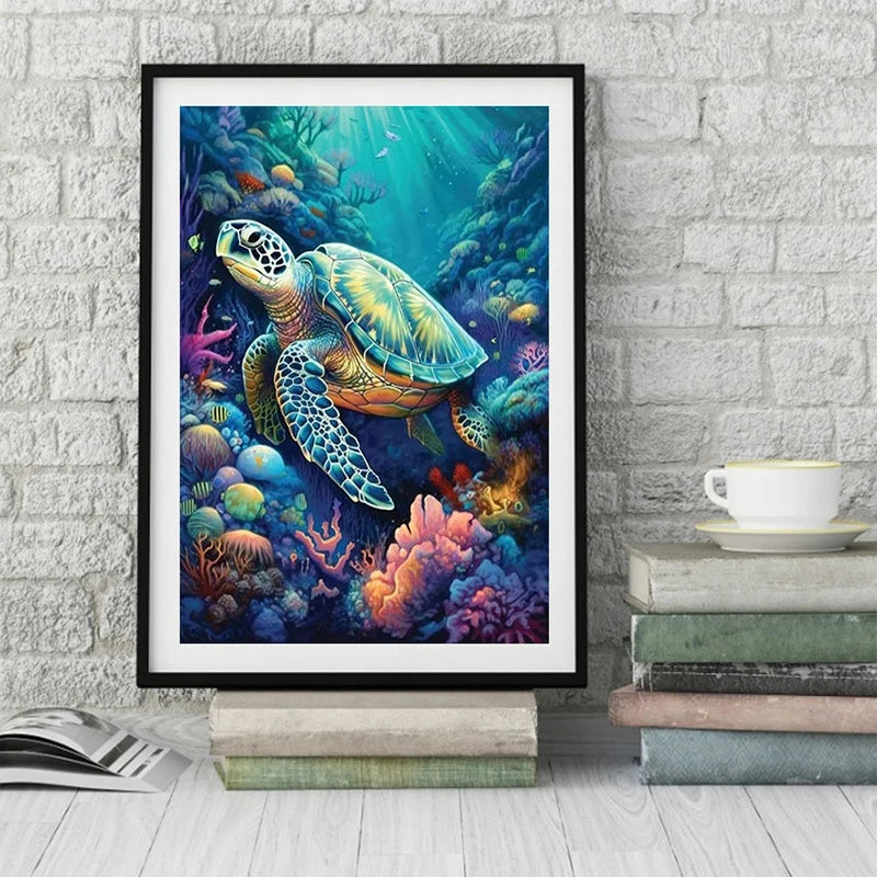 A framed painting featuring a vibrant sea turtle swimming through lush blue and green underwater foliage.