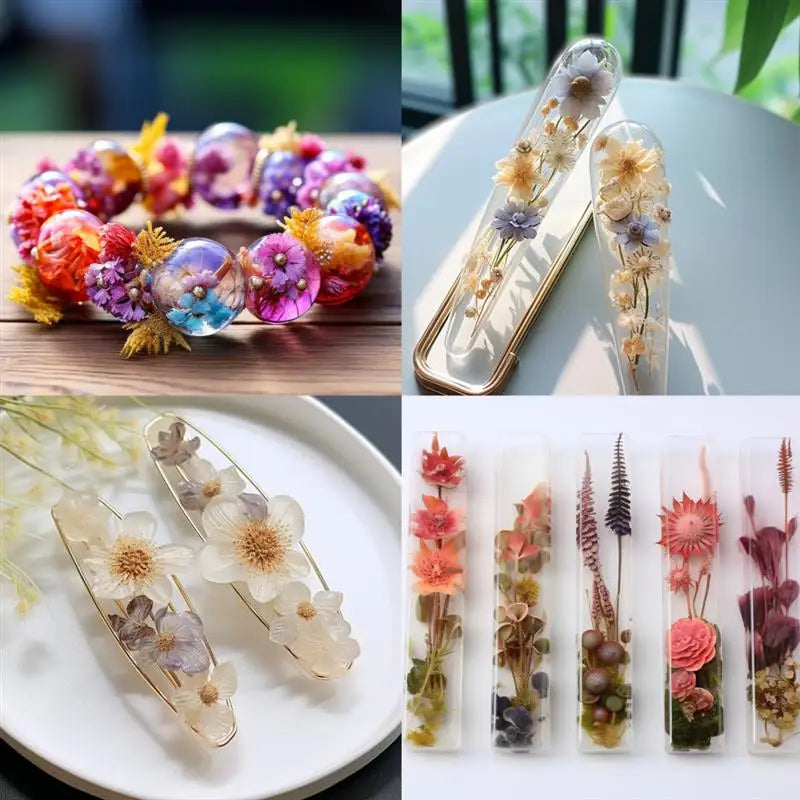 Clear UV resin glue for jewelry making and crafts displayed in various glass vials.