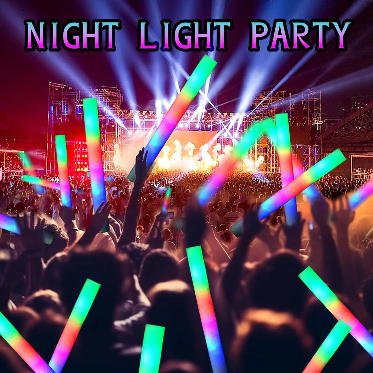 A crowd raises glowing LED foam sticks during a night light party concert performance.