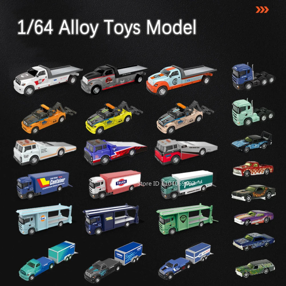 A collection of 1/64 alloy toys models featuring various diecast trucks and containers.