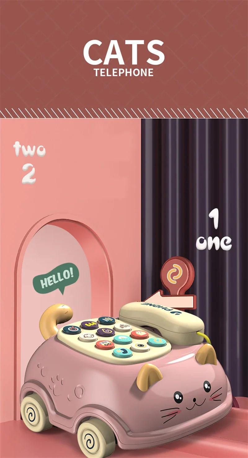 A pink cat-shaped telephone toy for toddlers with lights and sounds is shown in a studio setting.