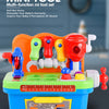 A multi-function mini tool set for babies featuring colorful plastic tools and a workbench.
