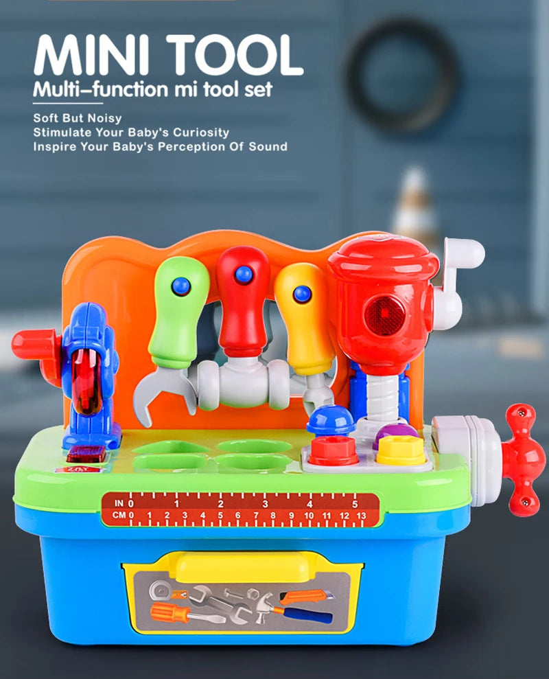 A multi-function mini tool set for babies featuring colorful plastic tools and a workbench.