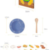 A set of wooden food items including a bear, various fruits, vegetables, and other foods for a Montessori feeding game.