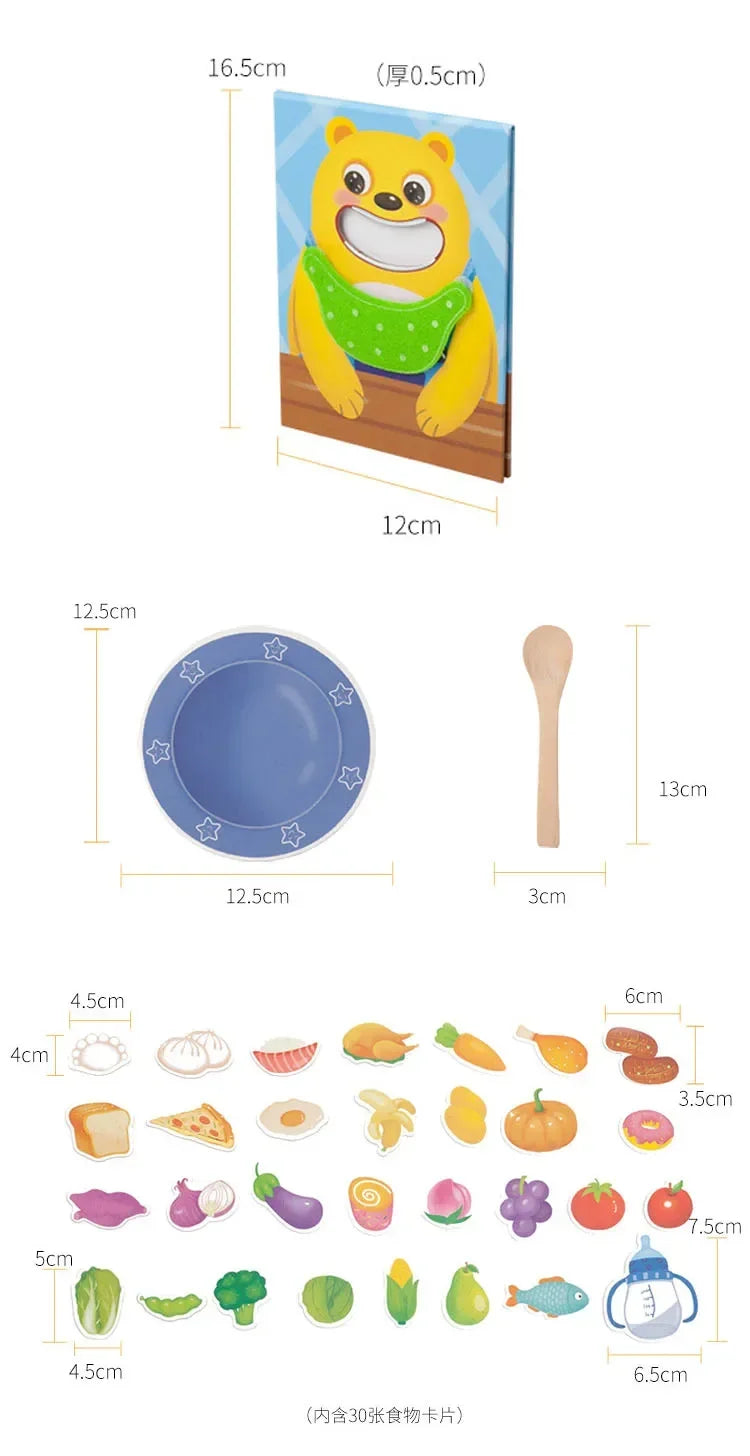 A set of wooden food items including a bear, various fruits, vegetables, and other foods for a Montessori feeding game.