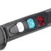 Black PU leather guitar strap with three colored pick holders: white, blue, and red.