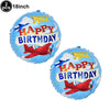 Two blue foil balloons shaped like airplanes with happy birthday text for a party decoration