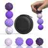 A collection of purple and lilac magnetic sensory fidget balls with silicone shells shown in various sizes and colors.