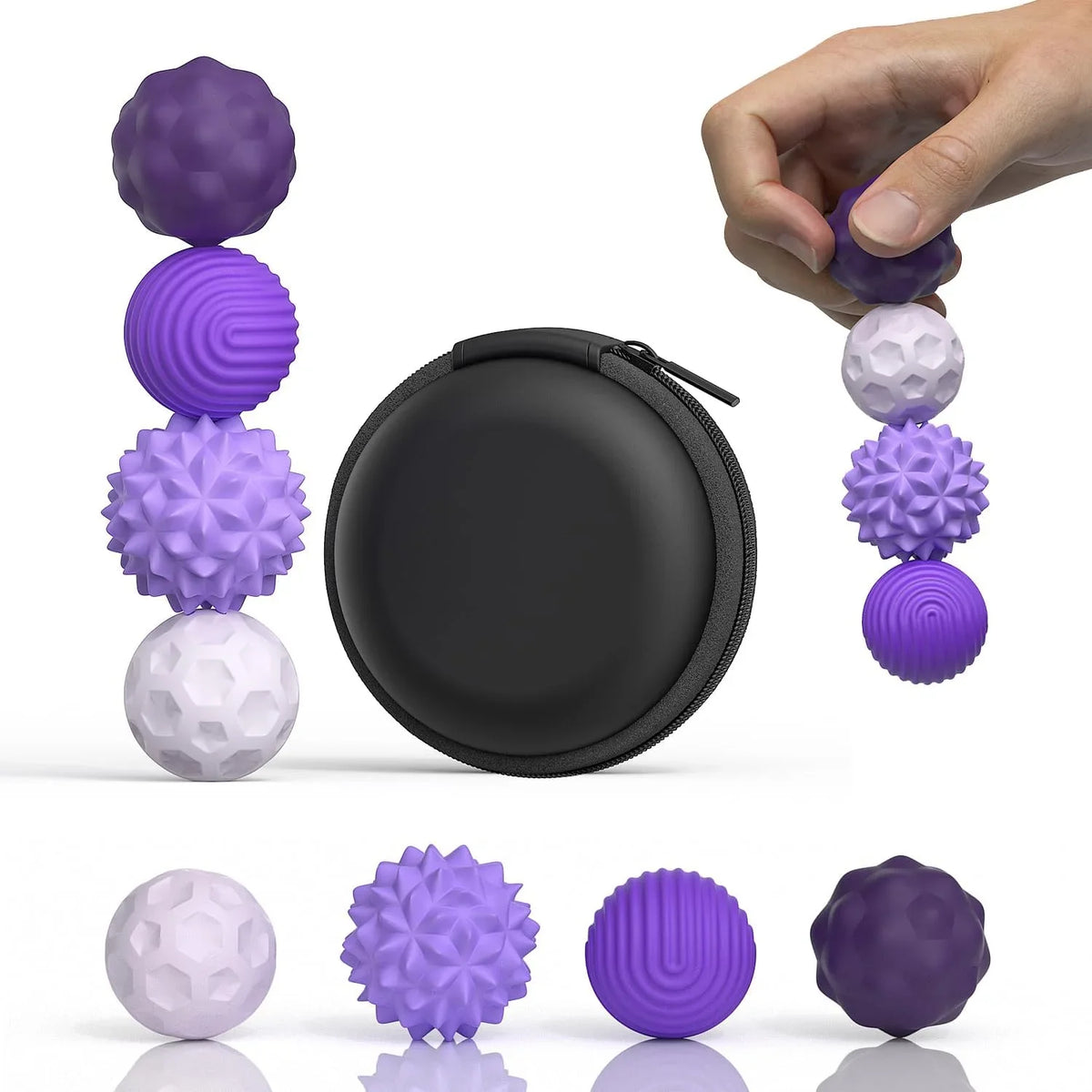 A collection of purple and lilac magnetic sensory fidget balls with silicone shells shown in various sizes and colors.