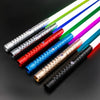 A collection of RGB lightsaber toys with metal handles and rechargeable batteries, showing various colors like silver, red, b