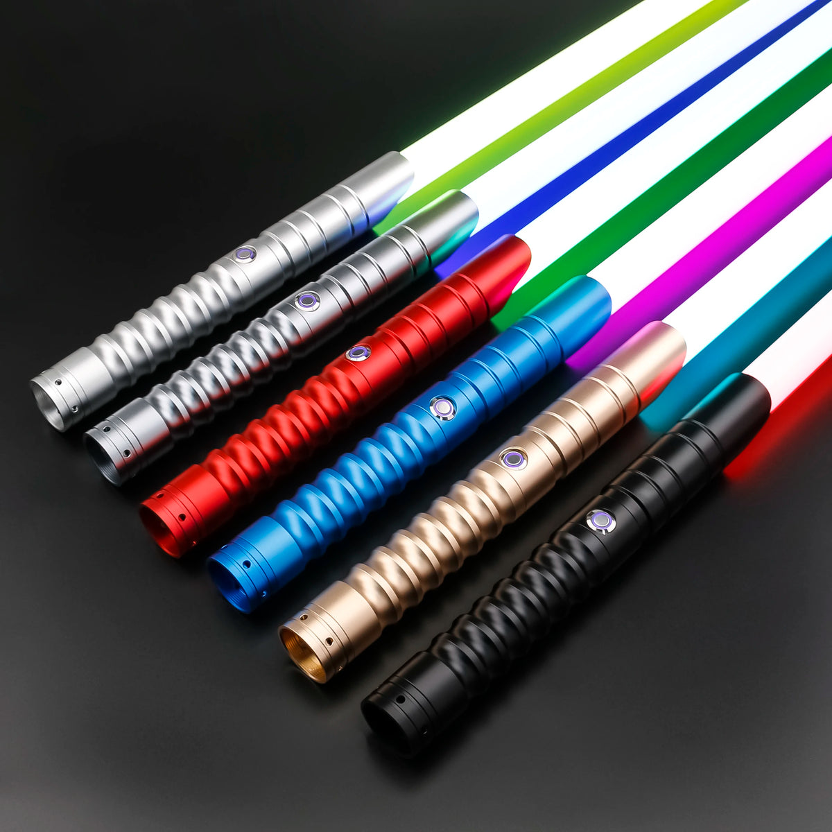 A collection of RGB lightsaber toys with metal handles and rechargeable batteries, showing various colors like silver, red, b