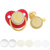 A set of red and gold rhinestone-accented baby pacifiers and clips.