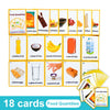 A set of 18 food quantity flashcards for kids showing various items like oil, rice, bananas, and cheese.