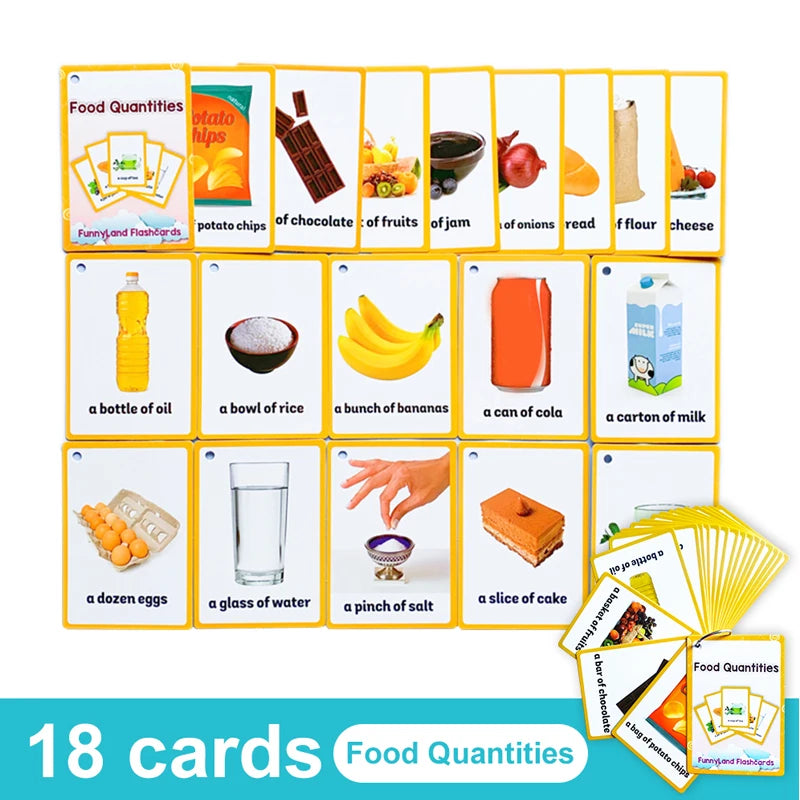 A set of 18 food quantity flashcards for kids showing various items like oil, rice, bananas, and cheese.