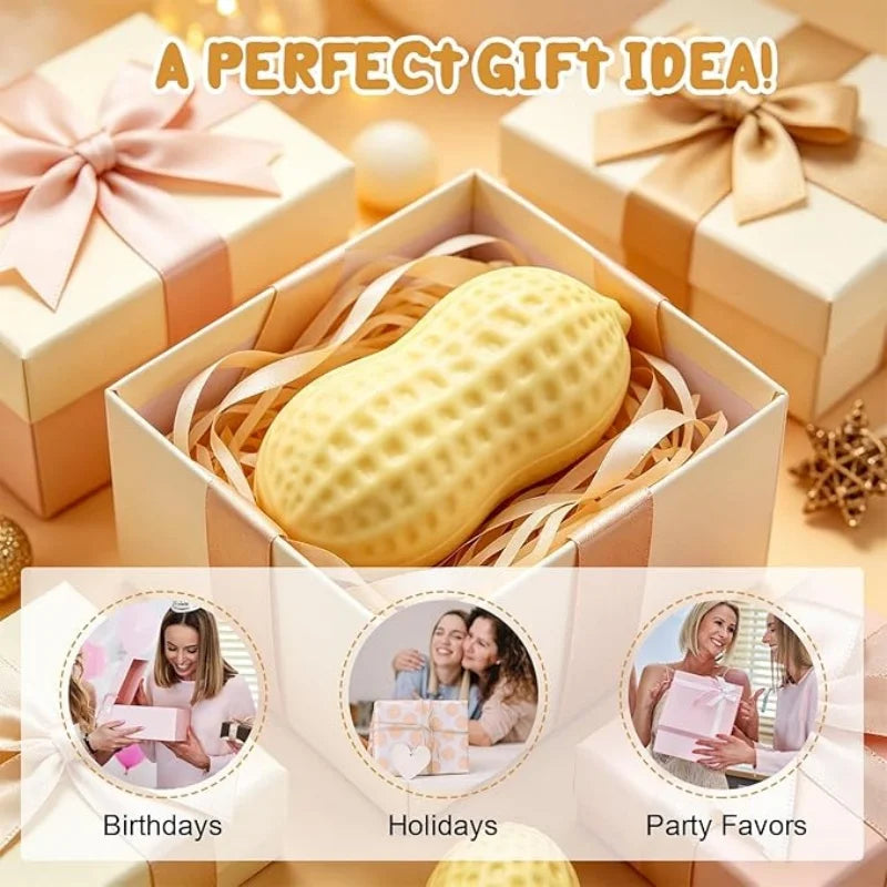 A gift box containing a yellow peanut squishy stress relief toy for birthdays, holidays, or party favors.