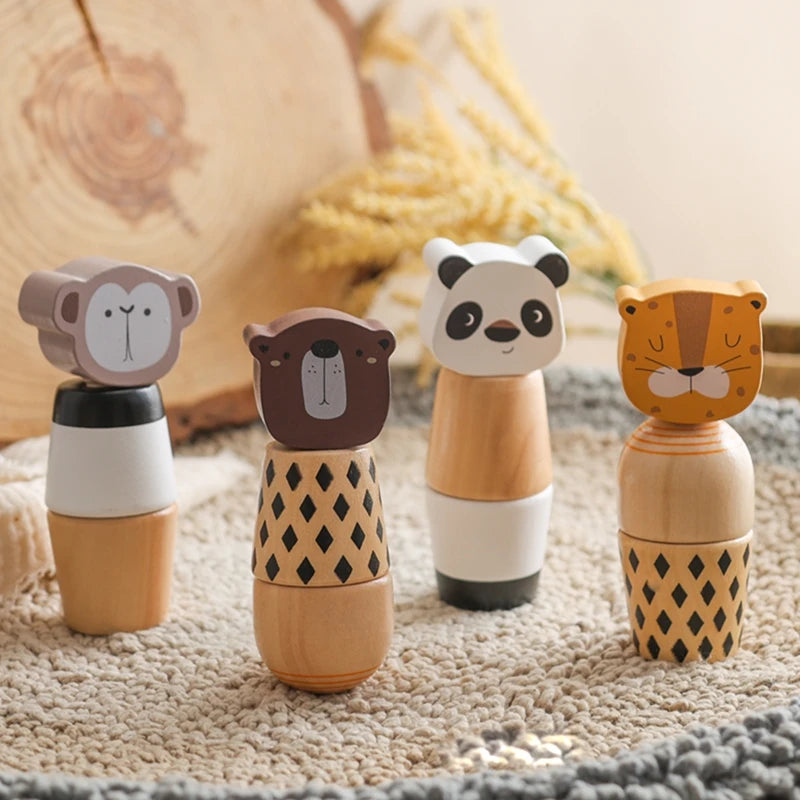 A set of wooden animal puzzle toys featuring cute bear, panda, and lion faces for babies and toddlers.