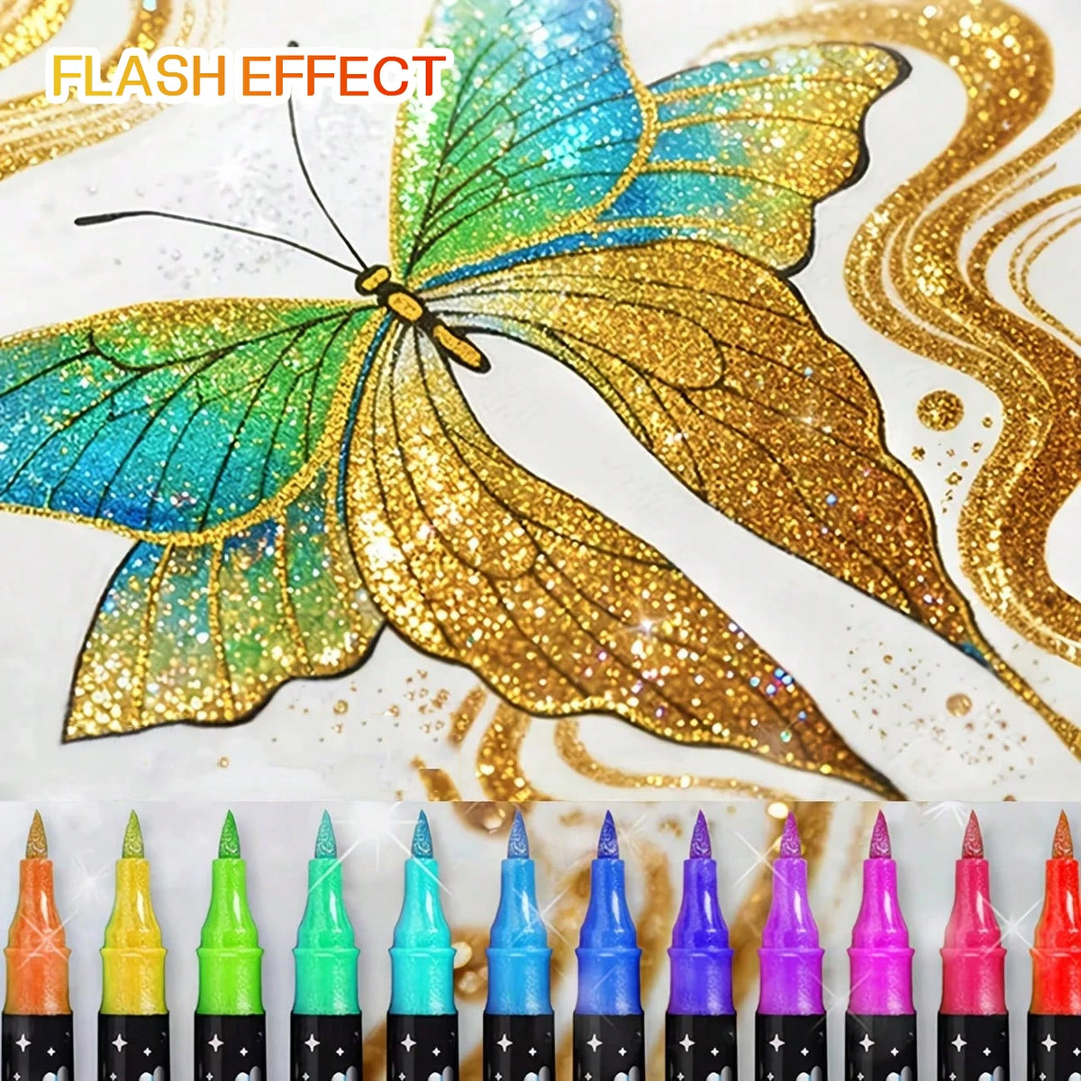 A vibrant golden and iridescent butterfly design featuring a flash effect, surrounded by a set of dual-tip glitter brush mark