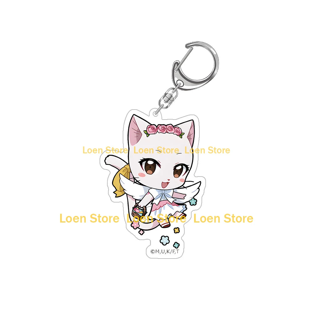 Chibi acrylic keychain featuring a cat character with pink flowers and white accents.