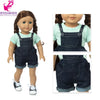 A doll wearing a denim office outfit set consisting of a blouse, skirt, and tights.