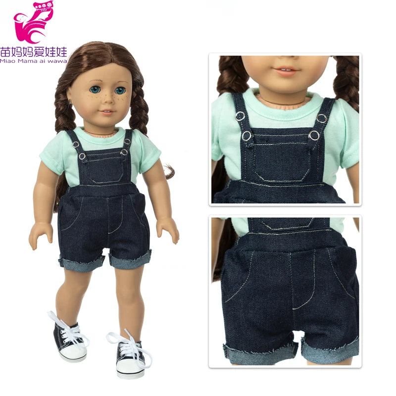 A doll wearing a denim office outfit set consisting of a blouse, skirt, and tights.