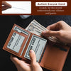 A hand holds an autism excuse card made of brown leather with a dollar bill inside.