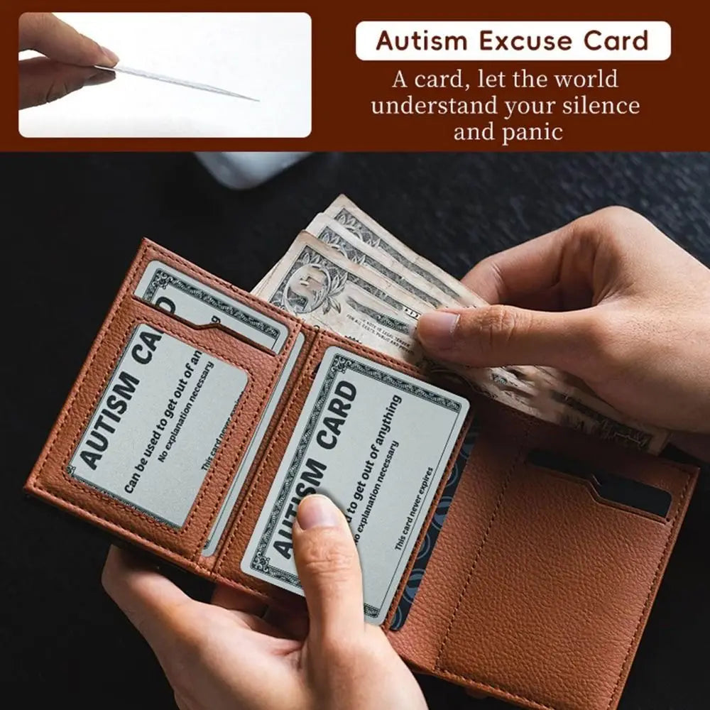 A hand holds an autism excuse card made of brown leather with a dollar bill inside.