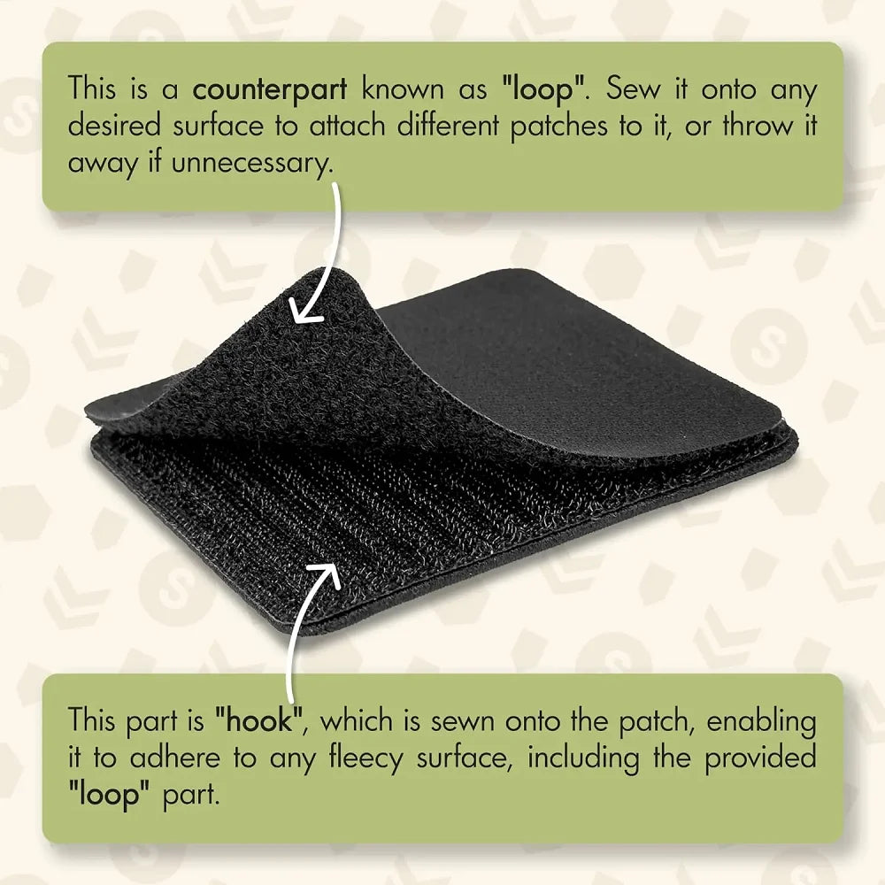 A black hook-and-loop patch showing the hook and loop components used for attaching patches to various surfaces.