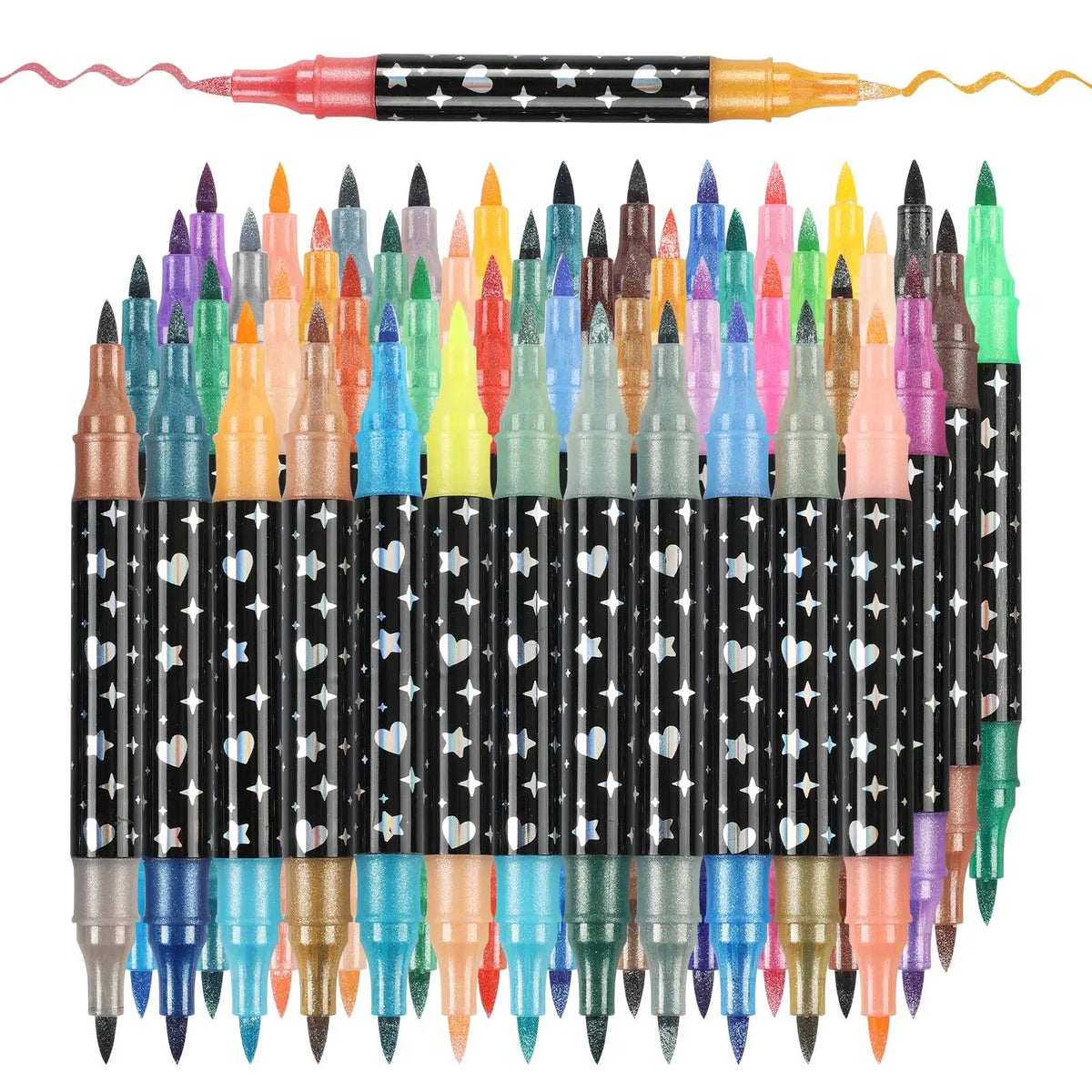 A set of dual brush tip glitter markers featuring metallic and sparkle pens in various colors.