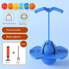 Blue bouncing ball trainer with a handle, thickened pedal, mute sphere, and components for inflation.