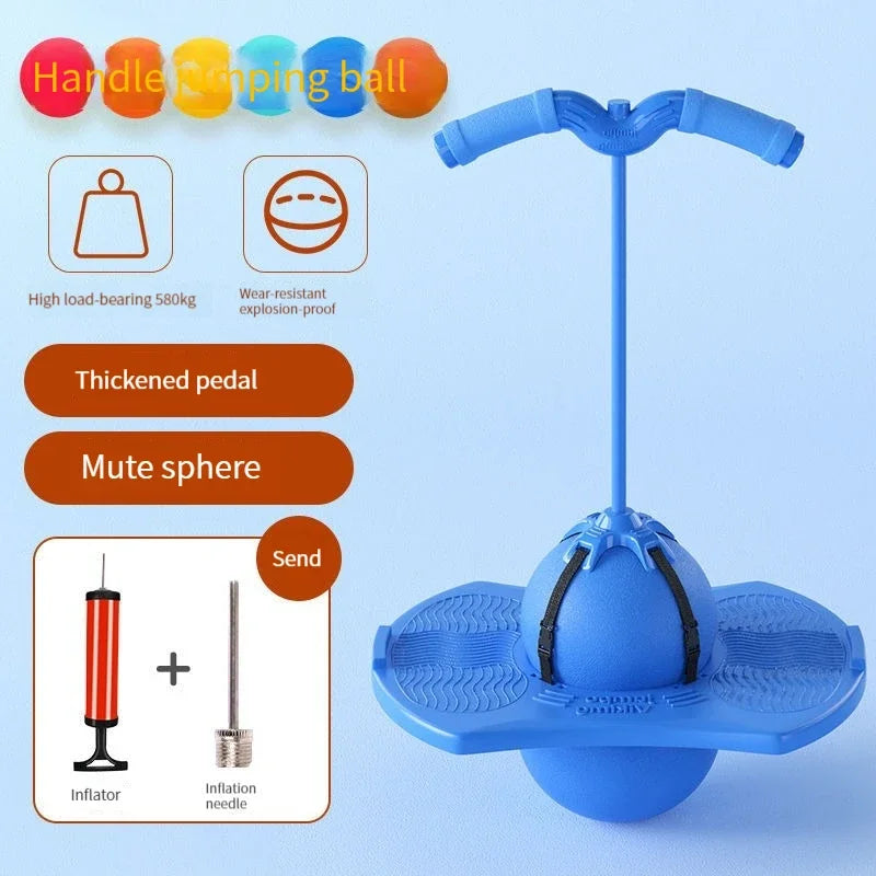 Blue bouncing ball trainer with a handle, thickened pedal, mute sphere, and components for inflation.