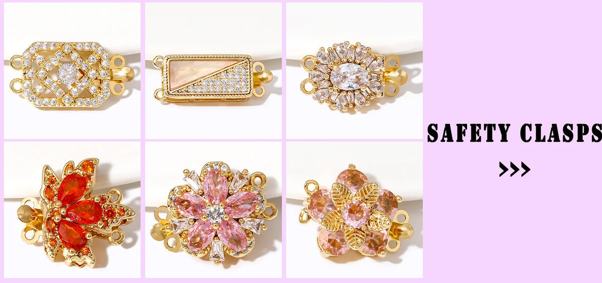 A collection of gold-plated brass round spacer beads for jewelry making, including various decorative and gemstone-set clasps