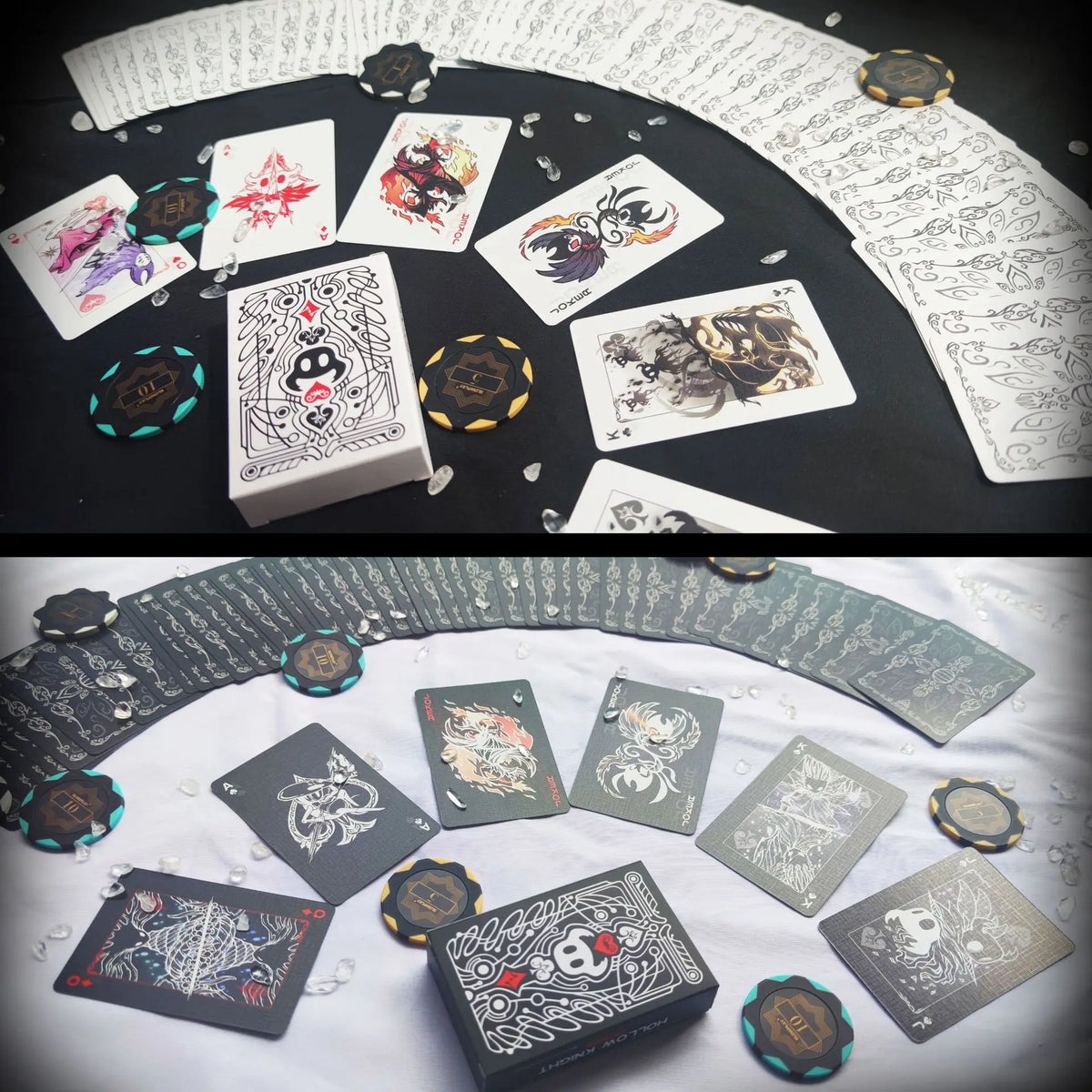 A black and white poker card deck featuring Hollow Knight themes is displayed on a white surface.