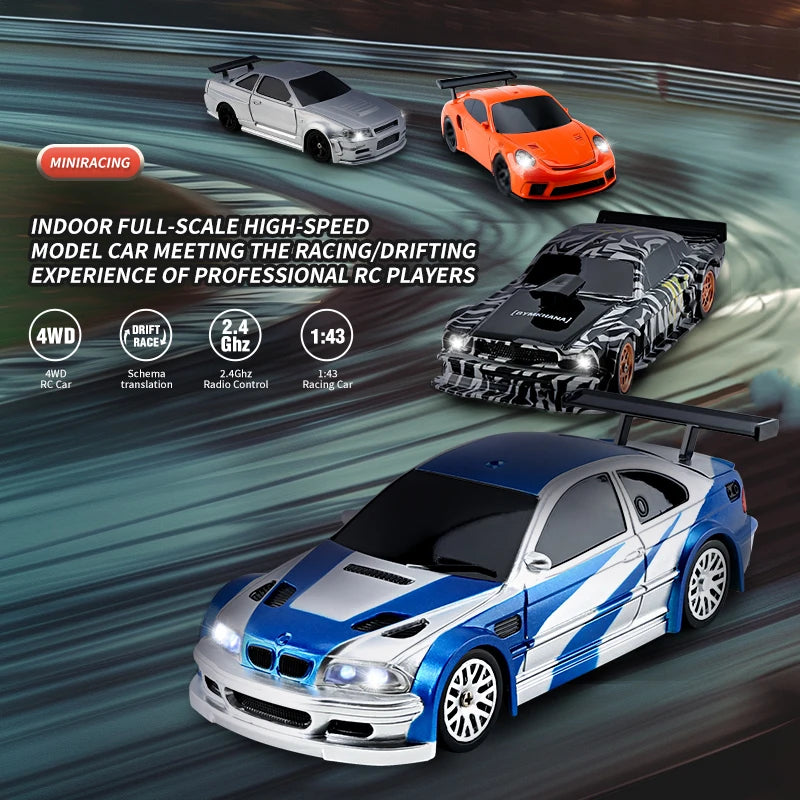 A display of a full-scale model RC car, featuring versions in silver, orange, and blue, demonstrating high-speed racing and d