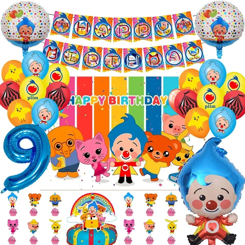A collection of colorful balloons, banners, and decorations for a circus clown themed birthday party.