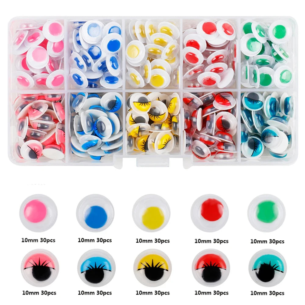 A set of 10mm self-adhesive googly eyes in various colors and styles for DIY crafts.