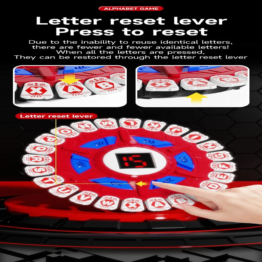 A close-up of a red alphabet game board with letters and a lever mechanism, showing how to reset the letters.
