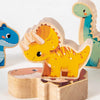 A set of wooden dinosaur stacking blocks featuring a yellow dinosaur and a green dinosaur.