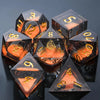 A collection of seven polyhedral liquid core resin dice, including d8s, d10s, and d12s, displayed on a dark surface.