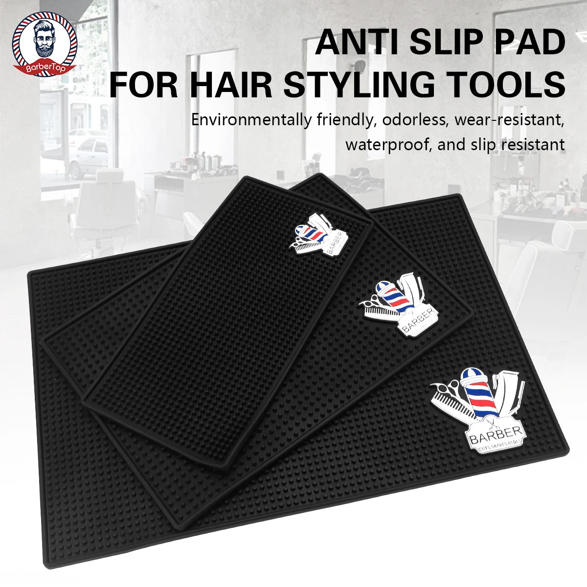 Black anti slip pad for hair styling tools, featuring a waterproof barber apron with adjustable straps.