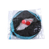 Black foldable S-shaped cat tunnel with hanging red and orange ball toys in clear plastic packaging