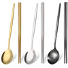 A set of six stainless steel Korean dinnerware pieces and chopsticks shown in various finishes.