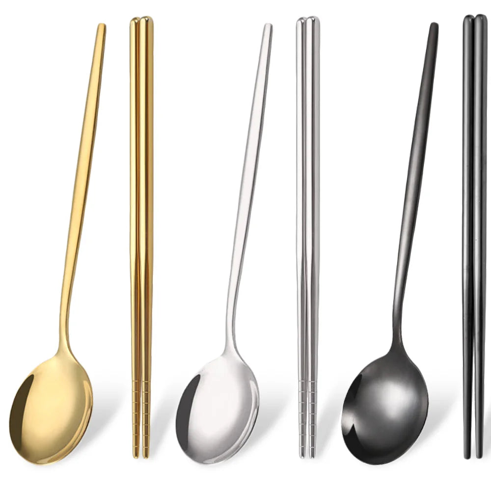 A set of six stainless steel Korean dinnerware pieces and chopsticks shown in various finishes.